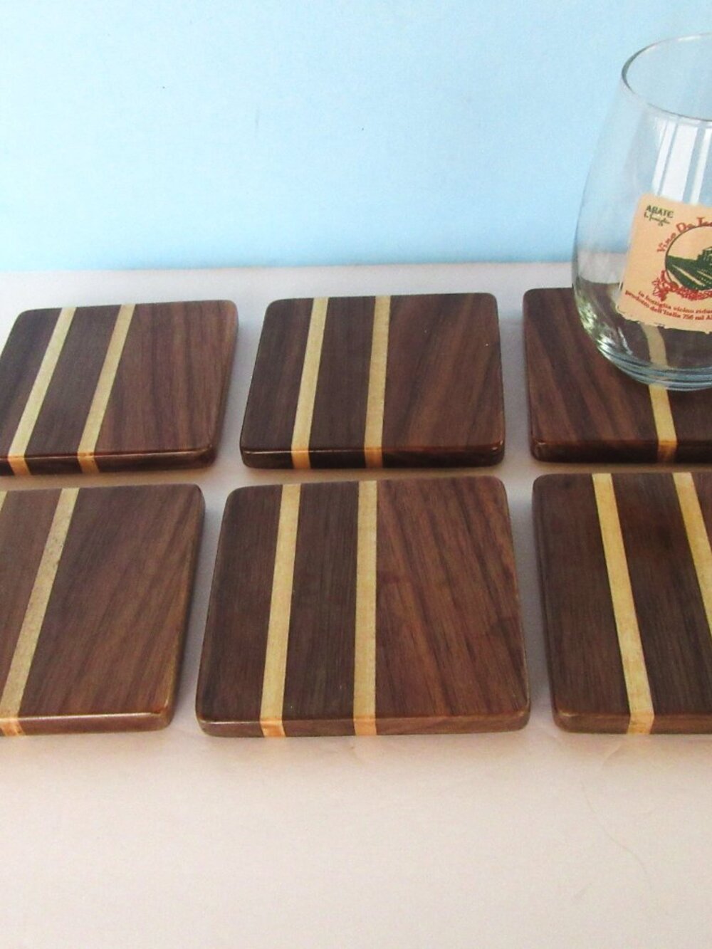Hand Crafted wood coasters - walnut & poplar - set of 6 - barware - modern decor